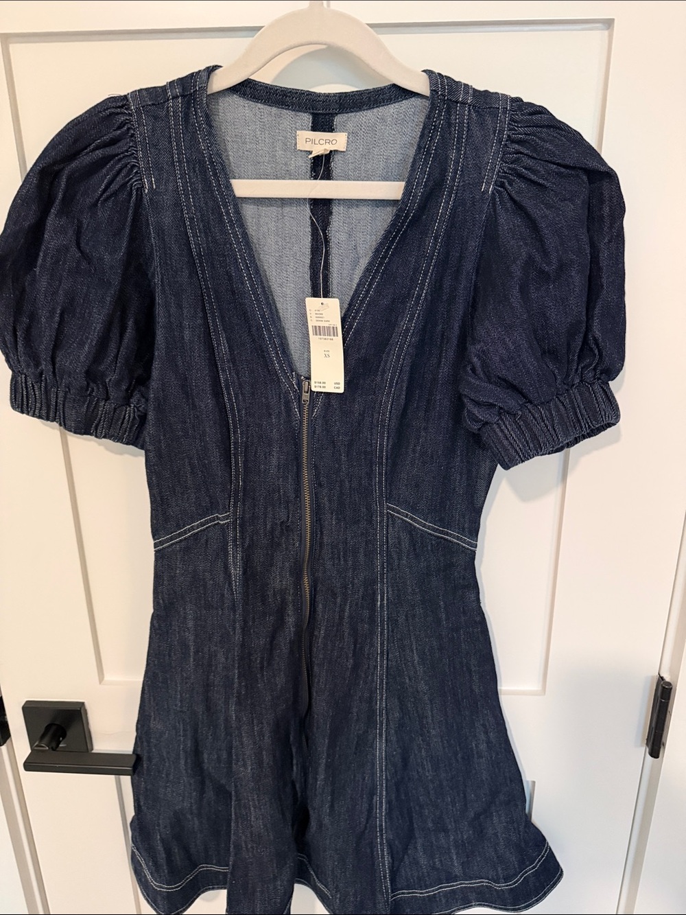 Pilcro Dark Blue Denim Mini Dress with Puff Sleeves